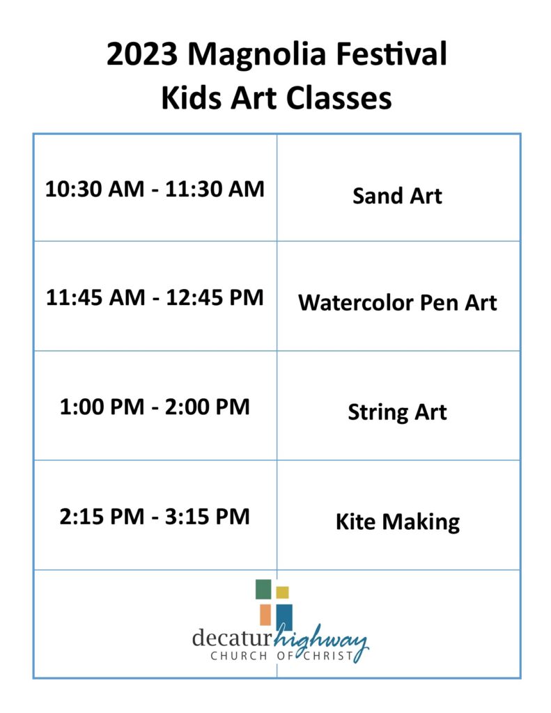 Chart for Magnolia Festival art classes 2023