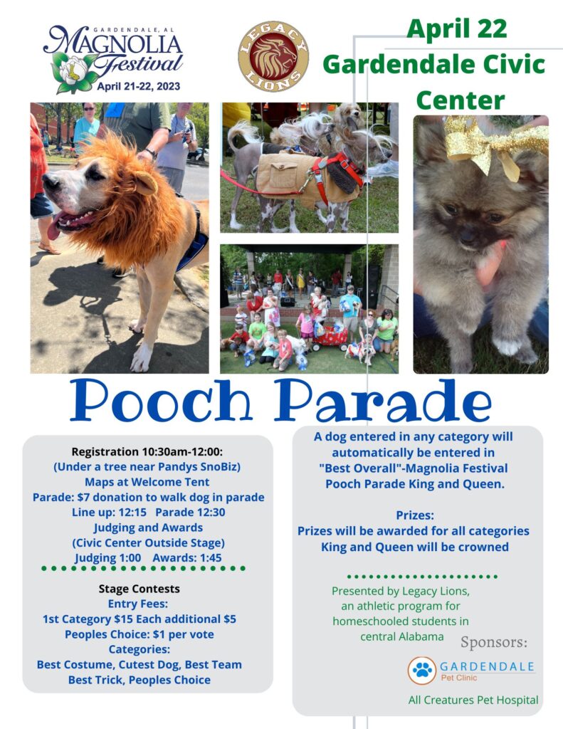 Gardendale Magnolia Festival Pooch Parade details and times.
