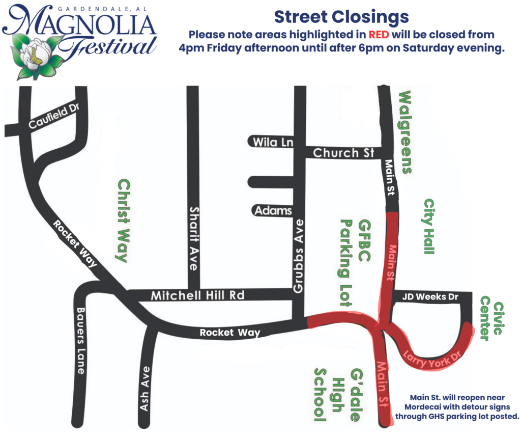 road closure map with intersection in red.