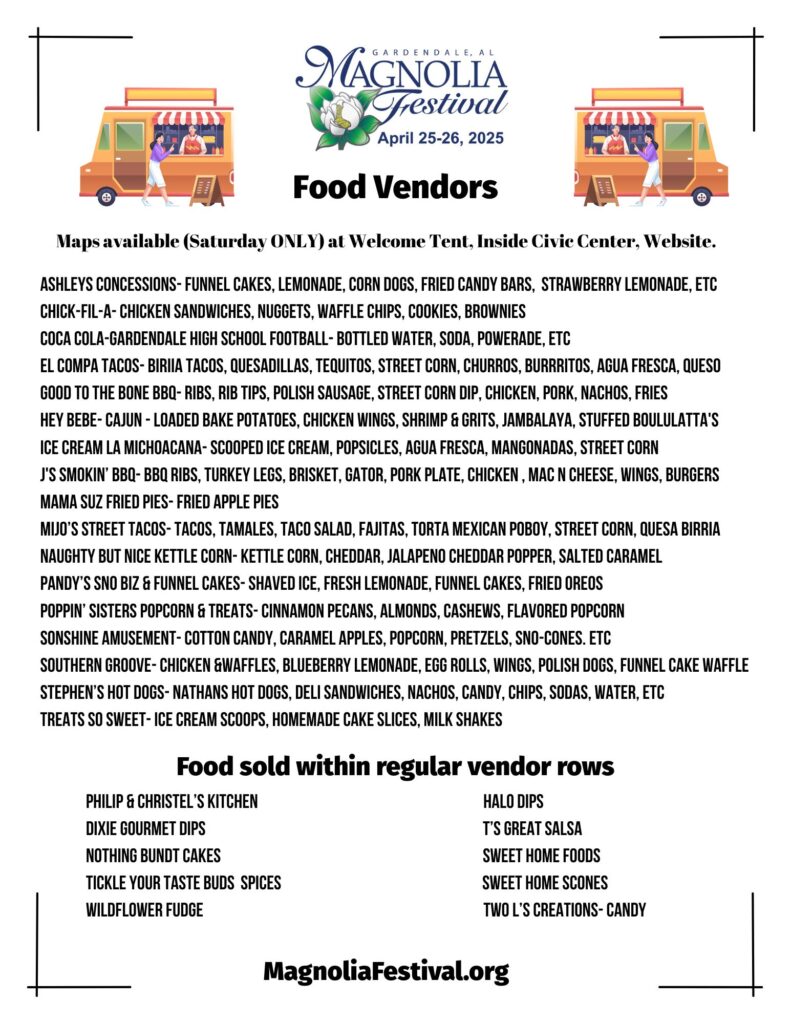 List of 2025 Gardendale Magnolia Festival food vendors.