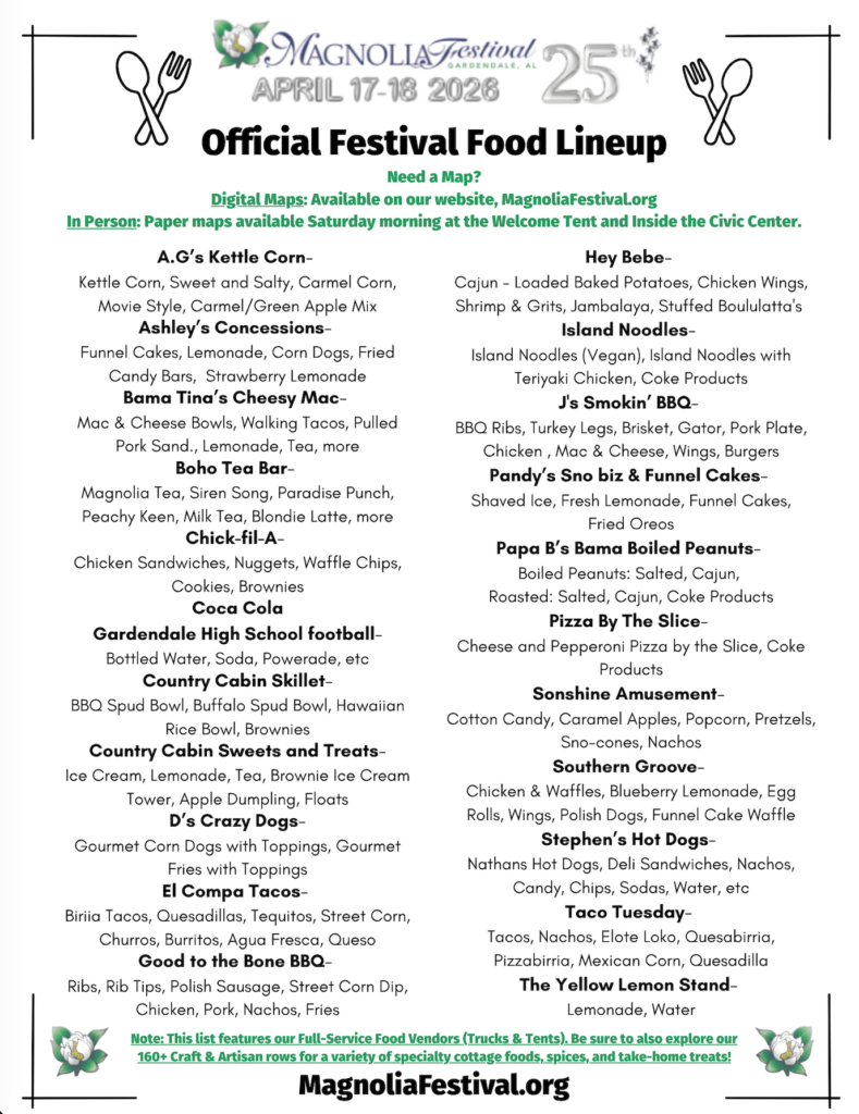 Gardendale Magnolia Festival food vendor menu list 2026.
