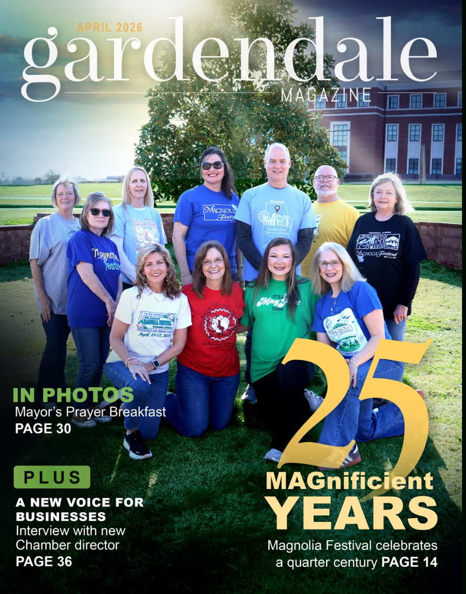 12 people wearing different t shirts with text overlay Gardendale Magazine.