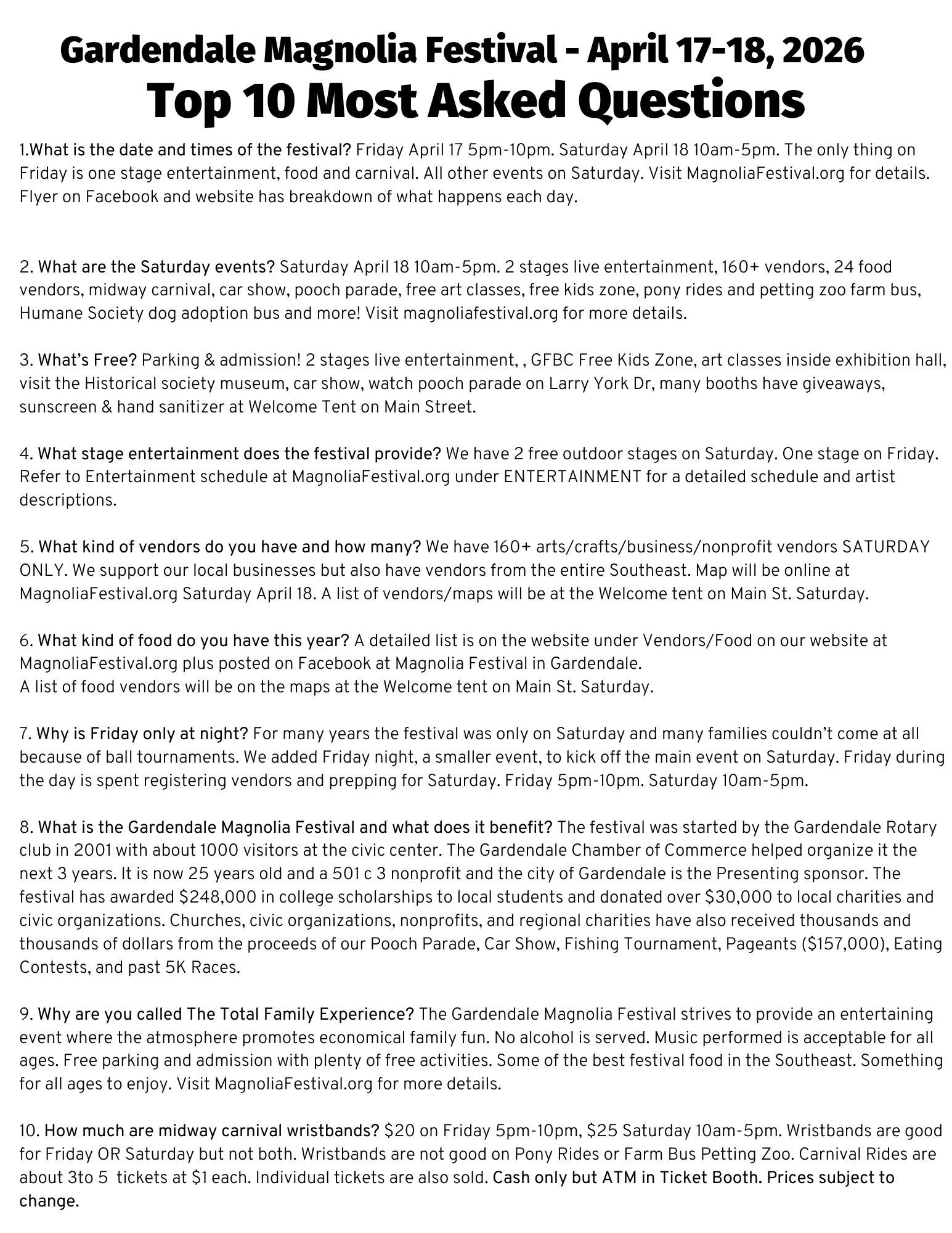 Text of top 10 FAQ Gardendale Magnolia Festival 2026.
