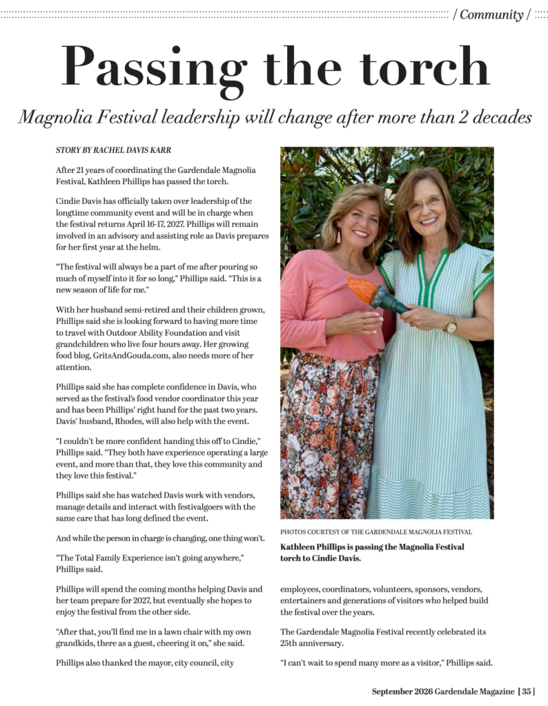 Article on one lady passing the torch to another for Gardendale Magnolia Festival.
